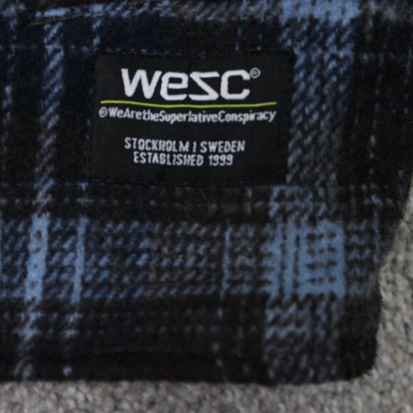 WeSC Flannel Shirt Jacket Mens 2XL Womens 3XL Blue/Brown Plaid Lined L/S Button - Picture 7 of 13